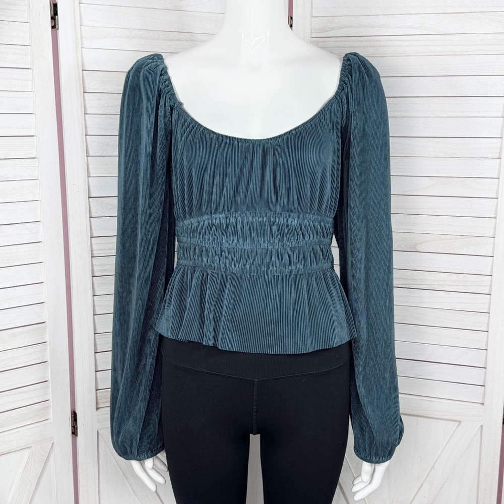 Astr The Label Zeva Pleated‎ Balloon Sleeve Smocked Blouse Top Deep Teal Medium
